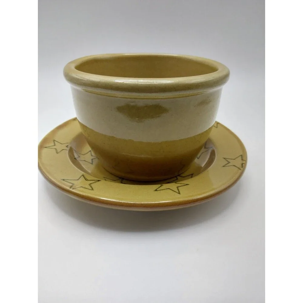 Vintage Americana General Yellowware Stoneware Bowl & Saucer Set Star Pattern
